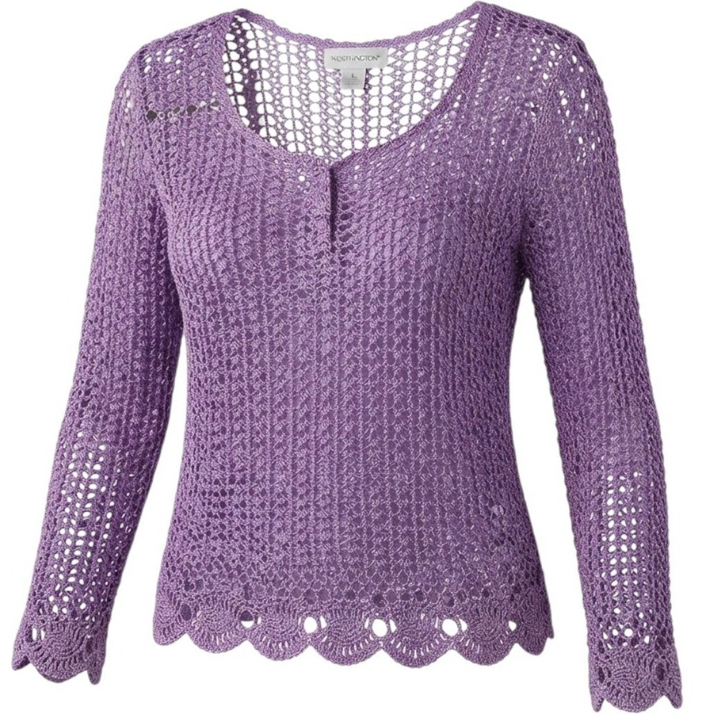 VTG Y2K Worthington Crochet Top Womens Medium Purple Open Knit Long Sleeve BOHO